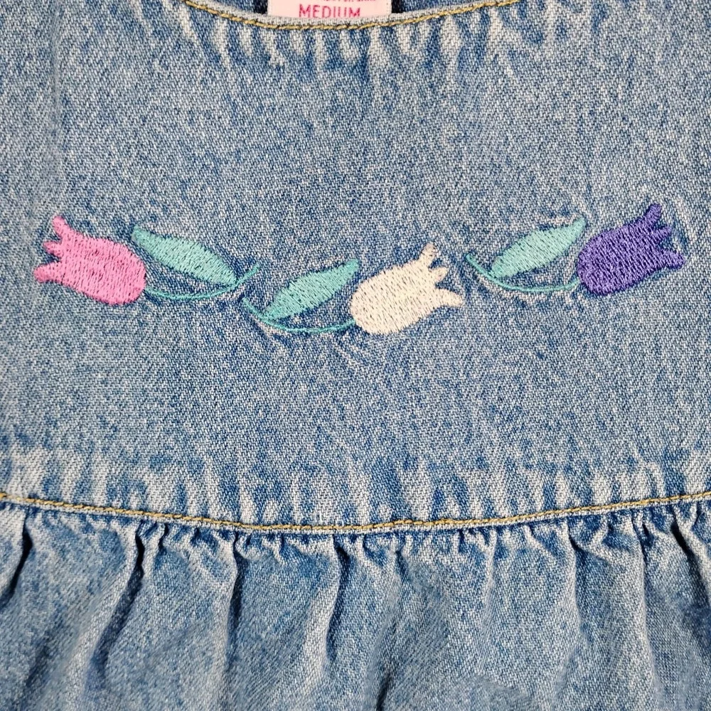 Gymboree Vintage 90s Kids Blue Denim Floral Embroidered‎ Tiered Jumper Dress M